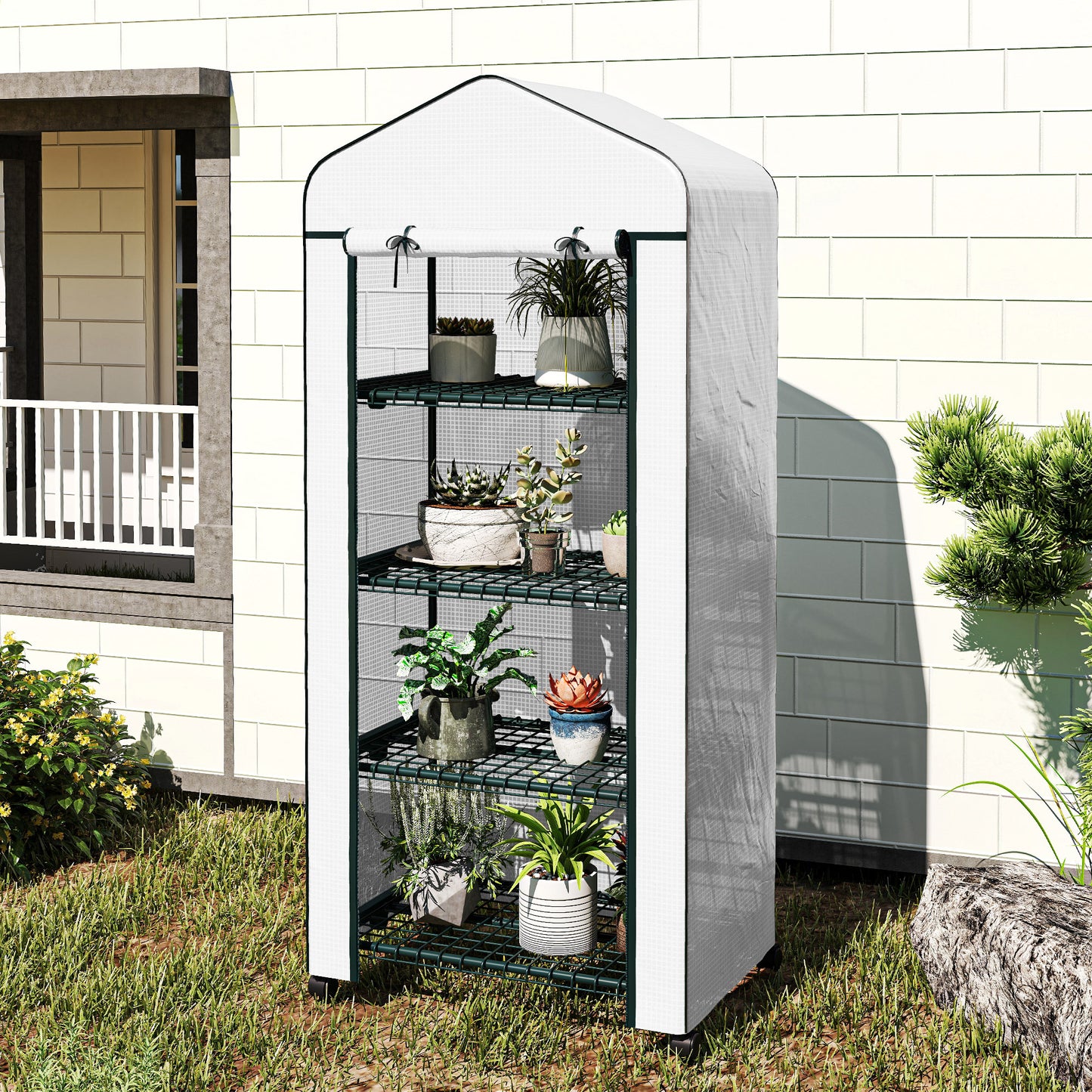 Outsunny 4 Tier Mini Portable Greenhouse with Lockable Rolling Wheels White Metal Frame PE Cover