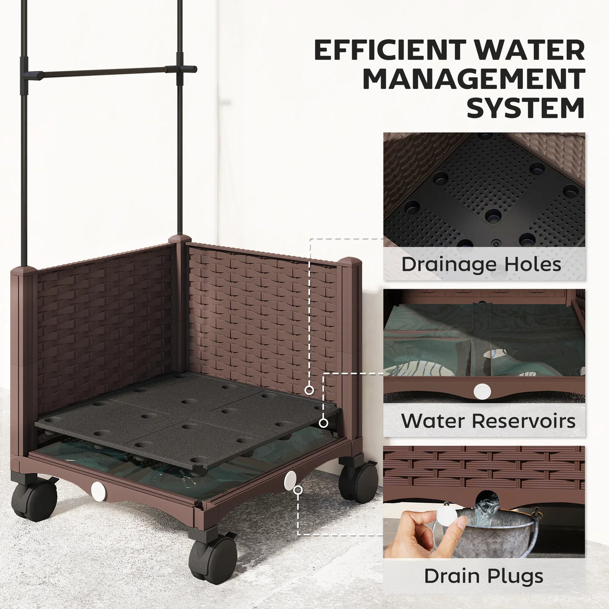 Brown self-watering planter base showing drainage holes and water reservoir compartment