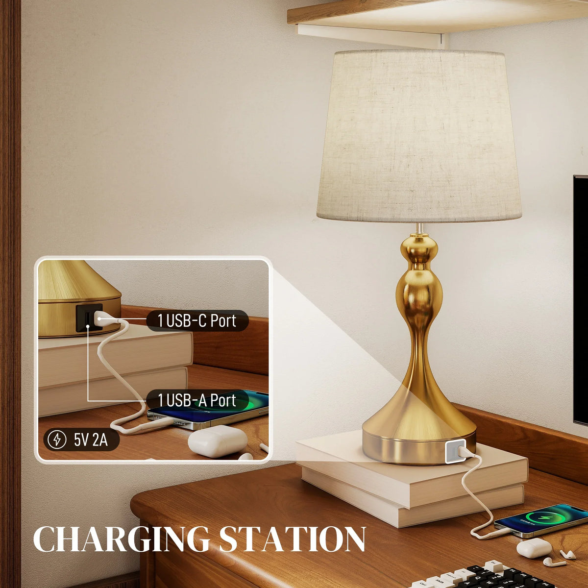 Bedside lamp with linen shade and gold-tone base plus USB-A and USB-C ports