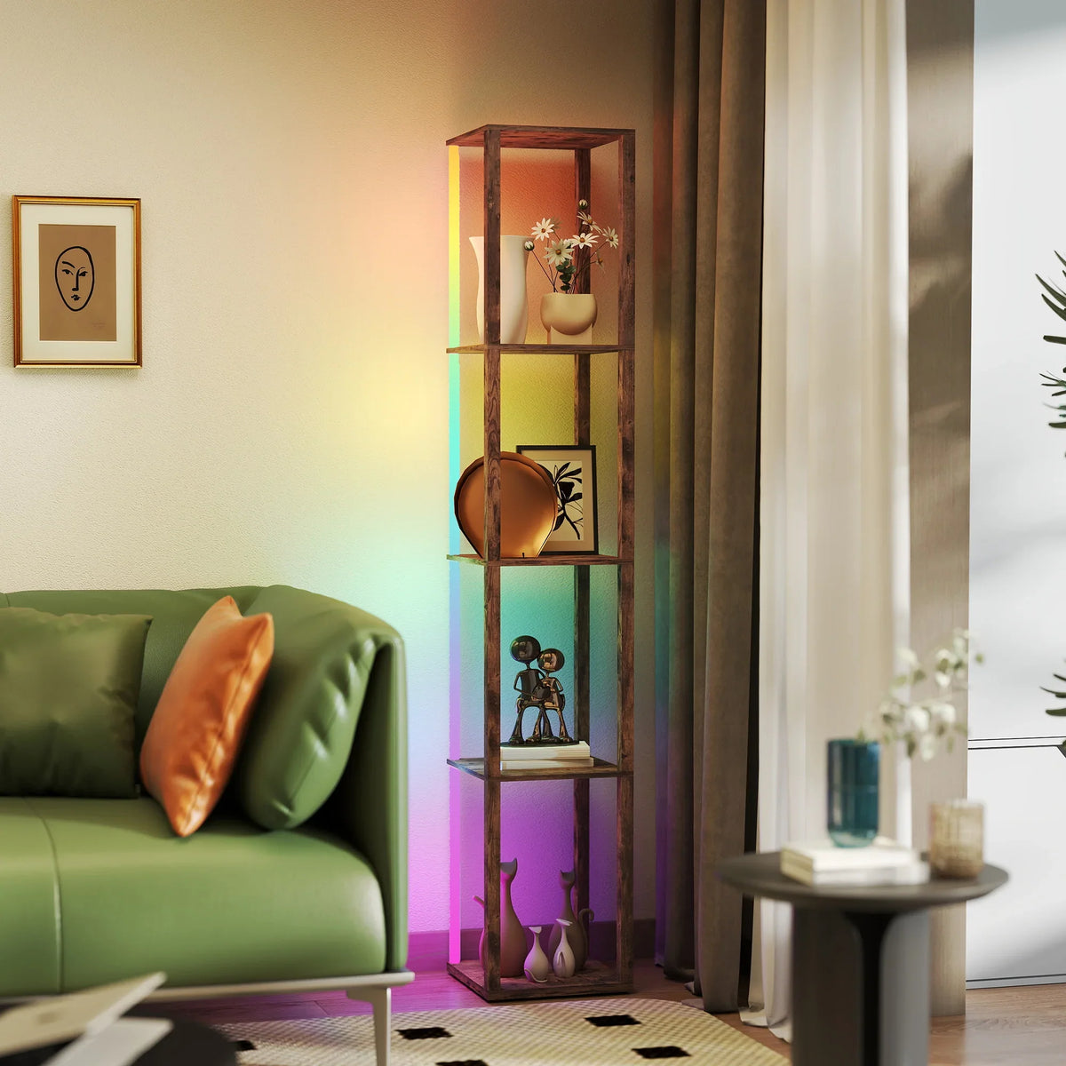 Rustic brown RGB LED floor lamp with open shelves and multicolor LED glow