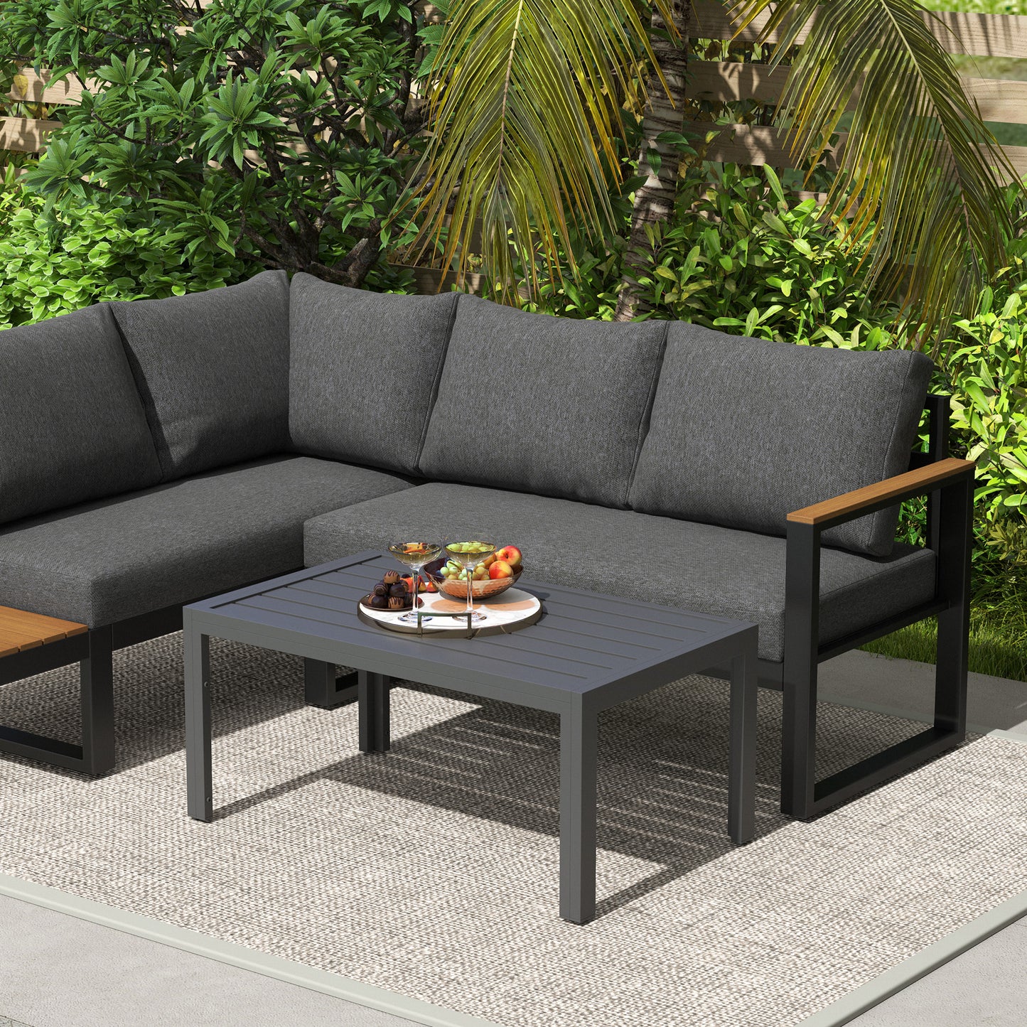 Outsunny Outdoor Side Table Rectangular Patio Table with Steel Frame and Slat Tabletop for Garden Balcony Grey