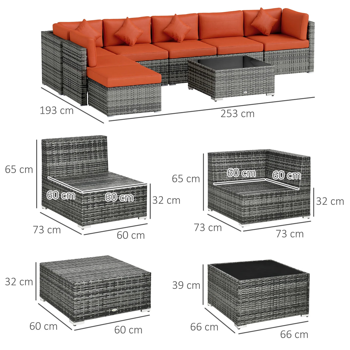 Sectional rattan corner sofa set with orange cushions and dark gray woven base