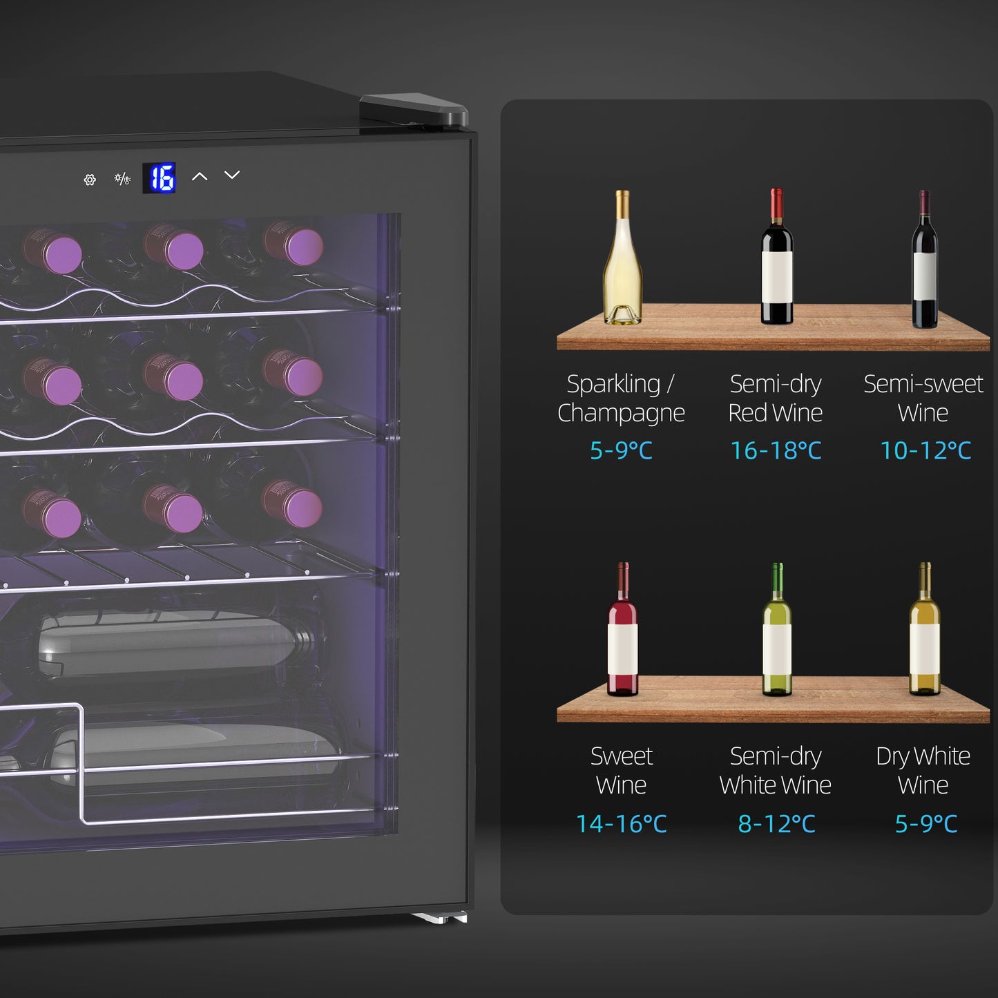 HOMCOM 42L 16-Bottle Wine Cooler Fridge Black With Adjustable 5-18 C Temperature And Interior Light