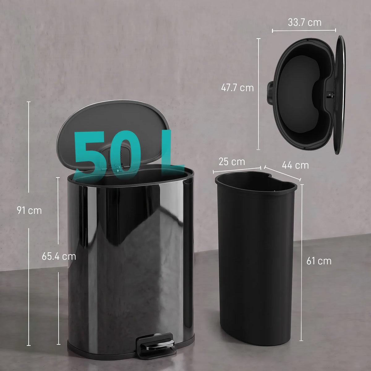 Kitchen pedal bin size diagram with open lid, pedal base, and inner bucket