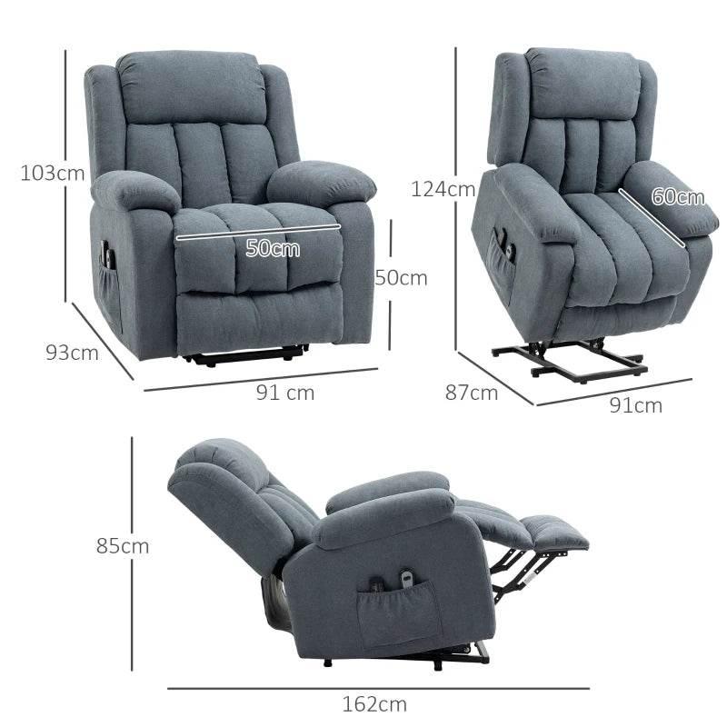 Dark grey fabric lift recliner chair with lift base and upholstered footrest