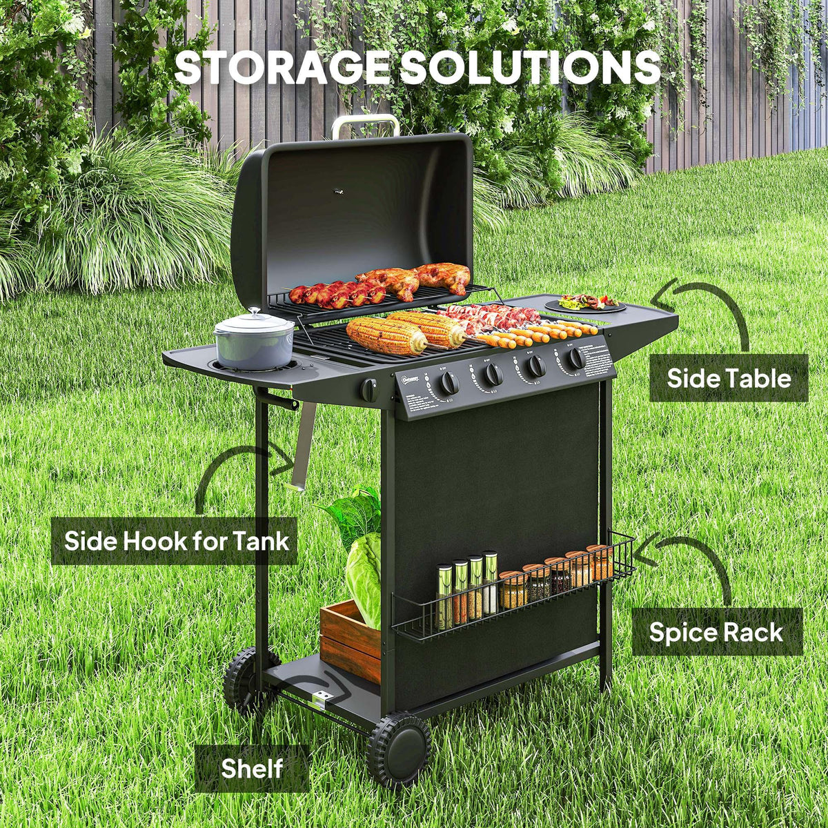 Portable gas BBQ grill with side table, storage shelf, spice rack, and rolling wheels