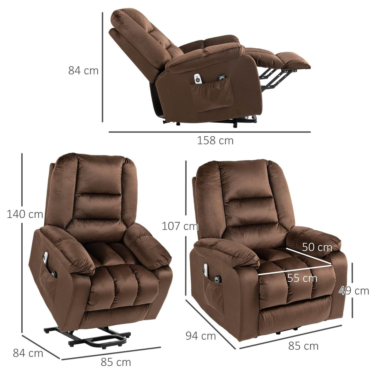 Brown electric recliner chair with extended footrest and cushioned backrest view