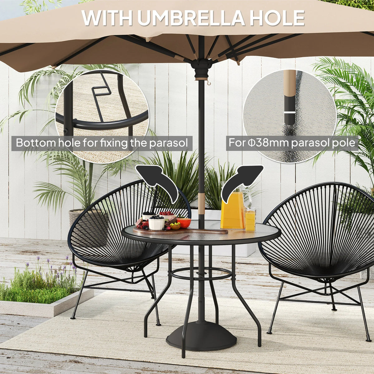 Outdoor bistro table with umbrella hole, black steel frame, and tempered glass top