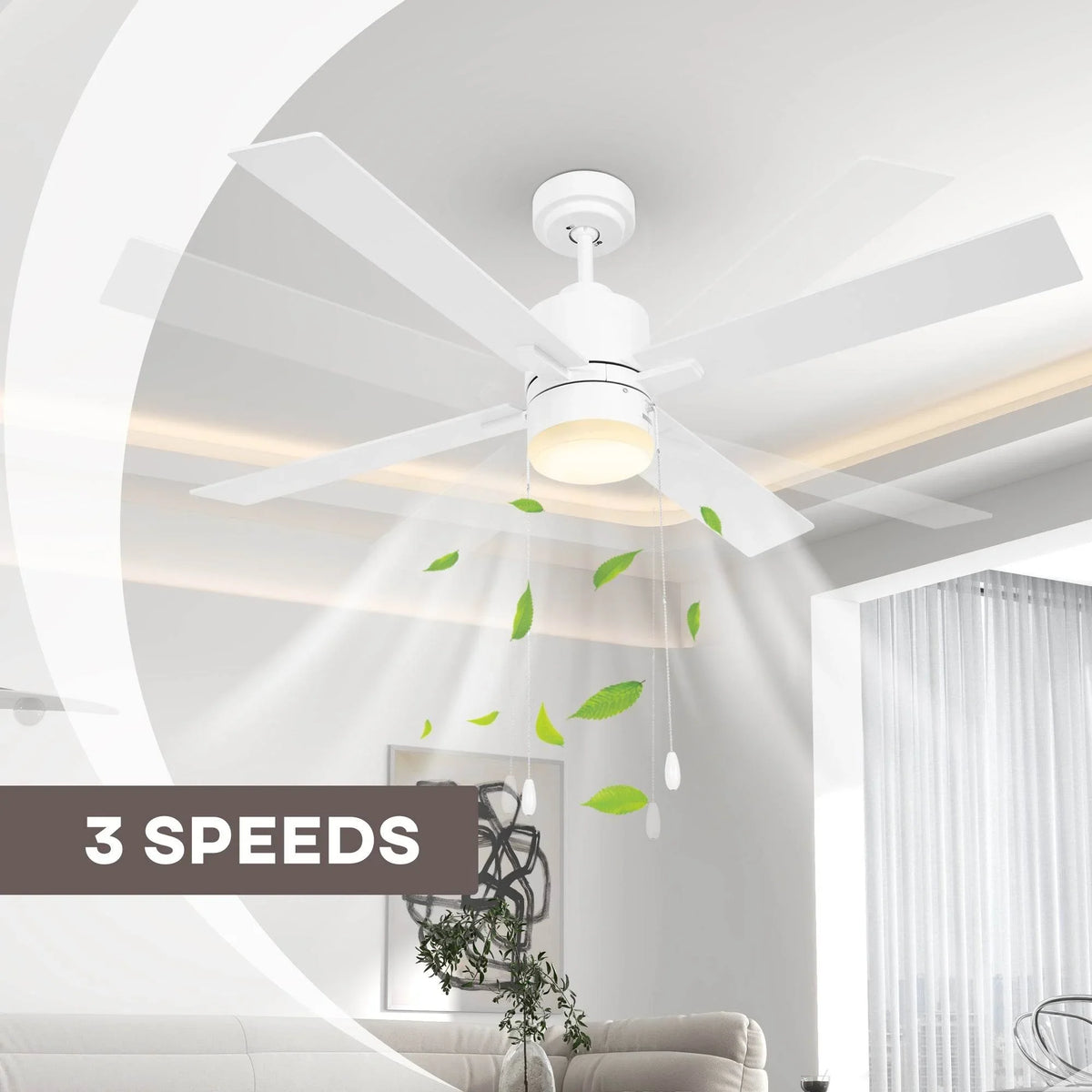 White LED ceiling fan with glowing light and four reversible blades with pull chain