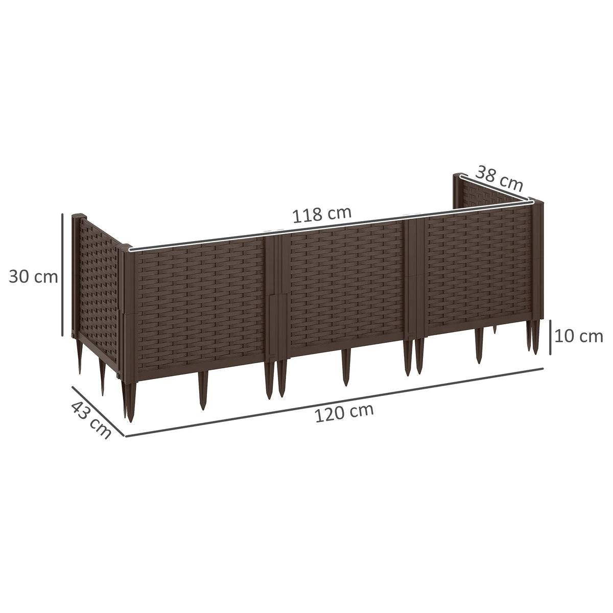 Brown raised garden bed planter box kit with long panels and ground spikes; shown with size