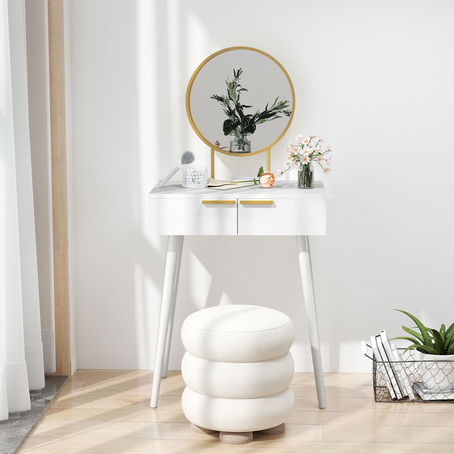 HOMCOM Elegant Dressing Table With Round Mirror White 60 x 40 x 123 cm With Storage Drawers