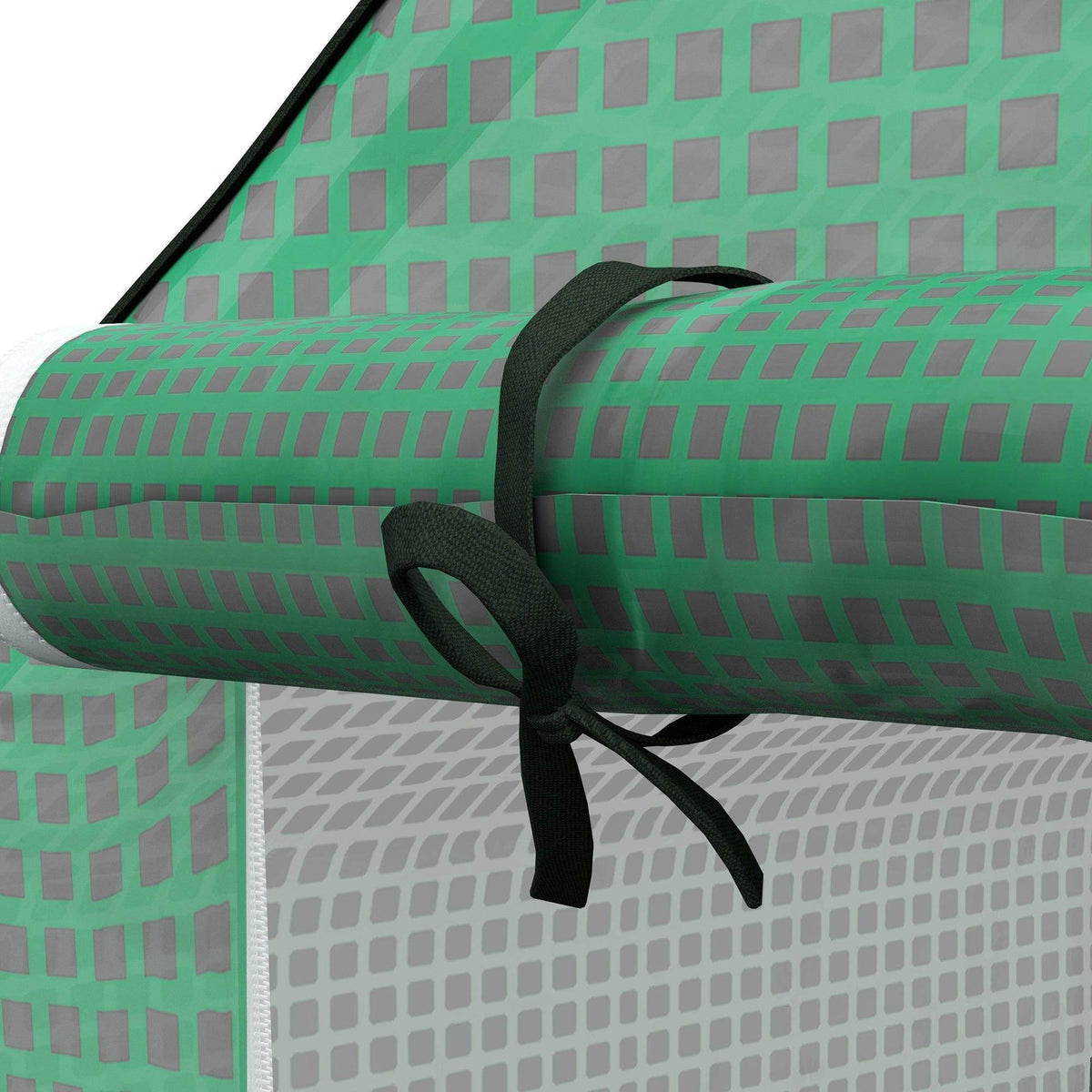 Green PE greenhouse cover close-up with fabric tie strap and mesh window panel
