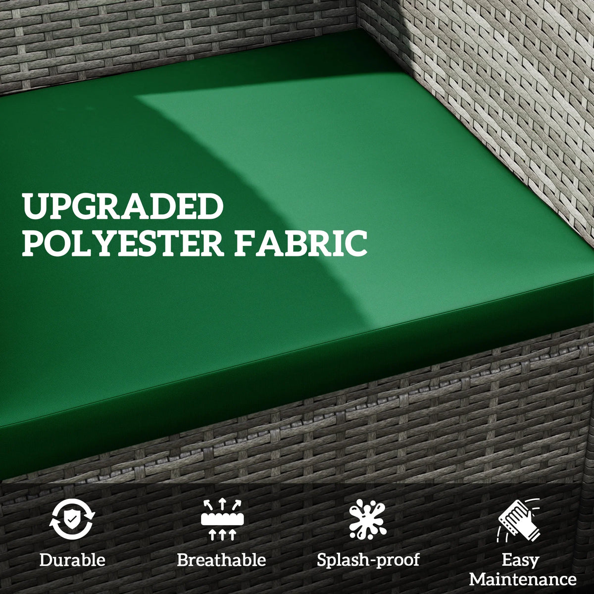 Green cushion pad with smooth polyester fabric surface for outdoor rattan seating