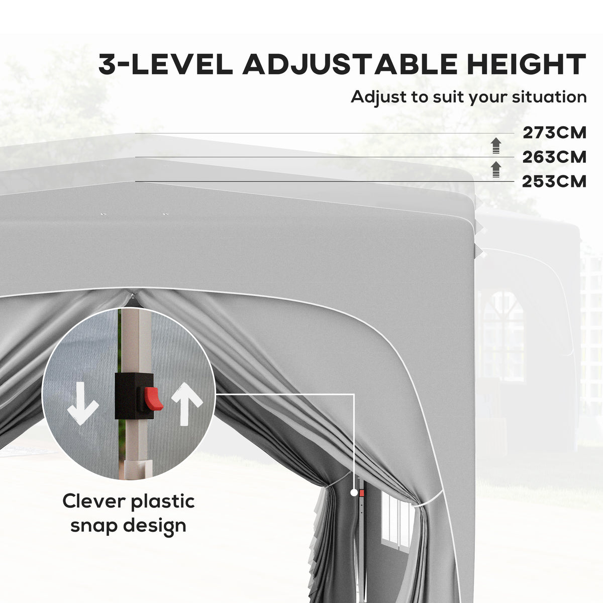 Light grey adjustable-height canopy gazebo with snap-fit plastic connector detail