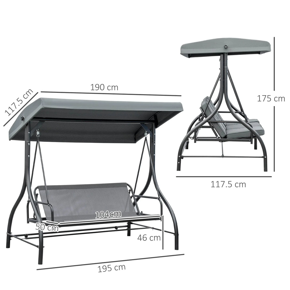 Dark grey 3-person metal swing bed with adjustable canopy and three-seat cushions