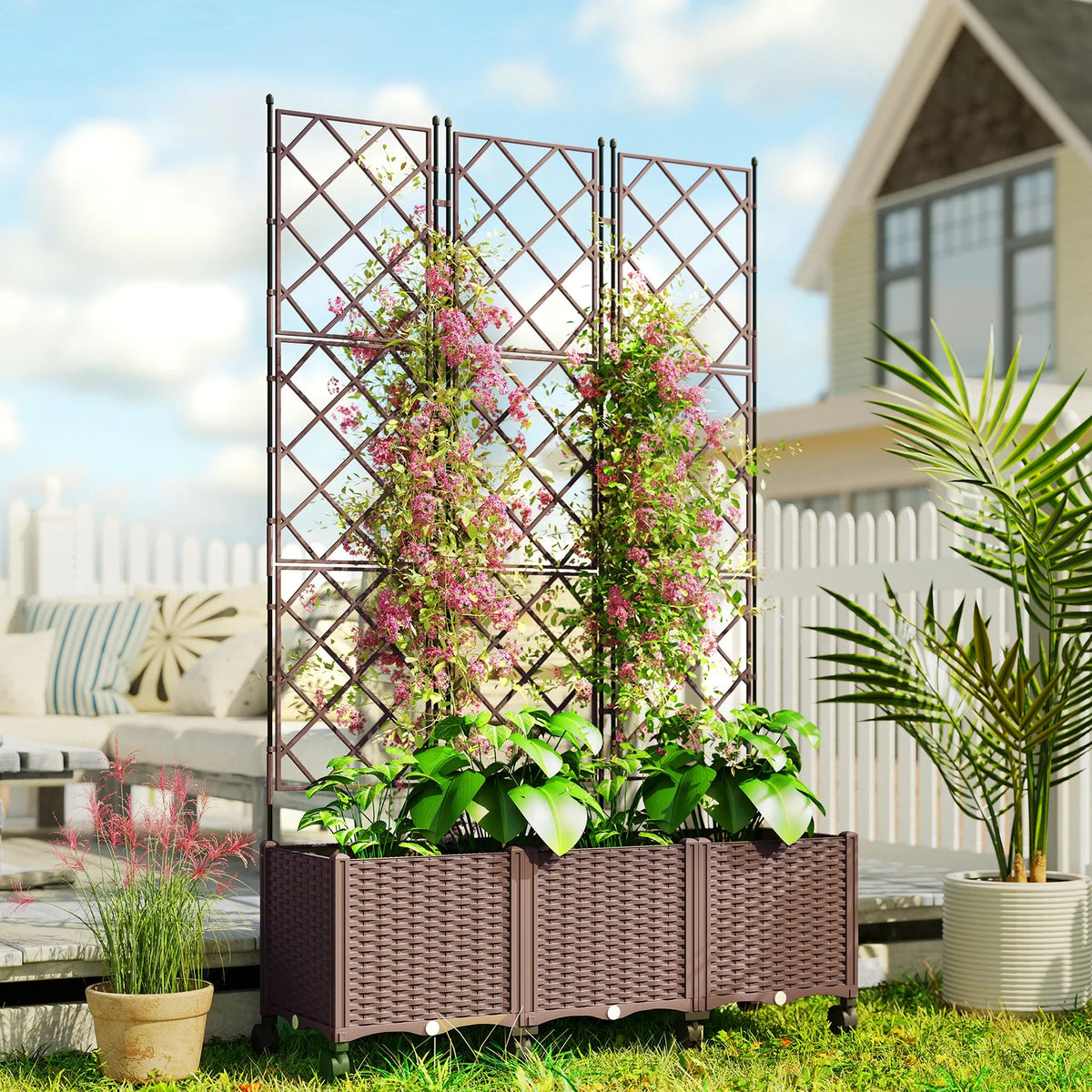Raised outdoor plastic planter box with lattice trellis and potted flowers