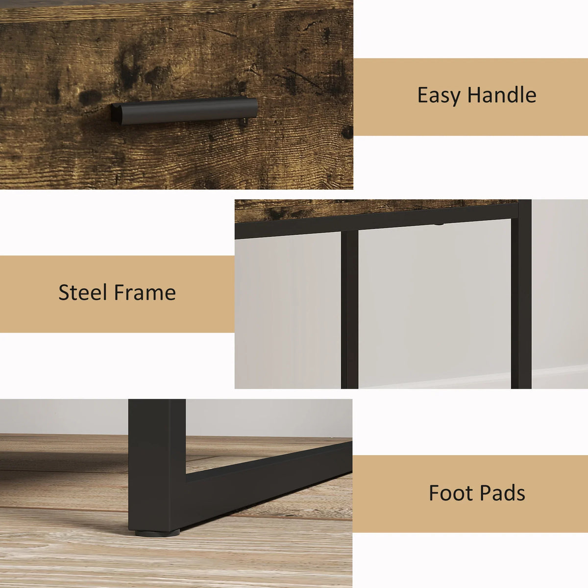 Bedside table details: drawer handle, black steel frame legs, foot pads, rustic brown top