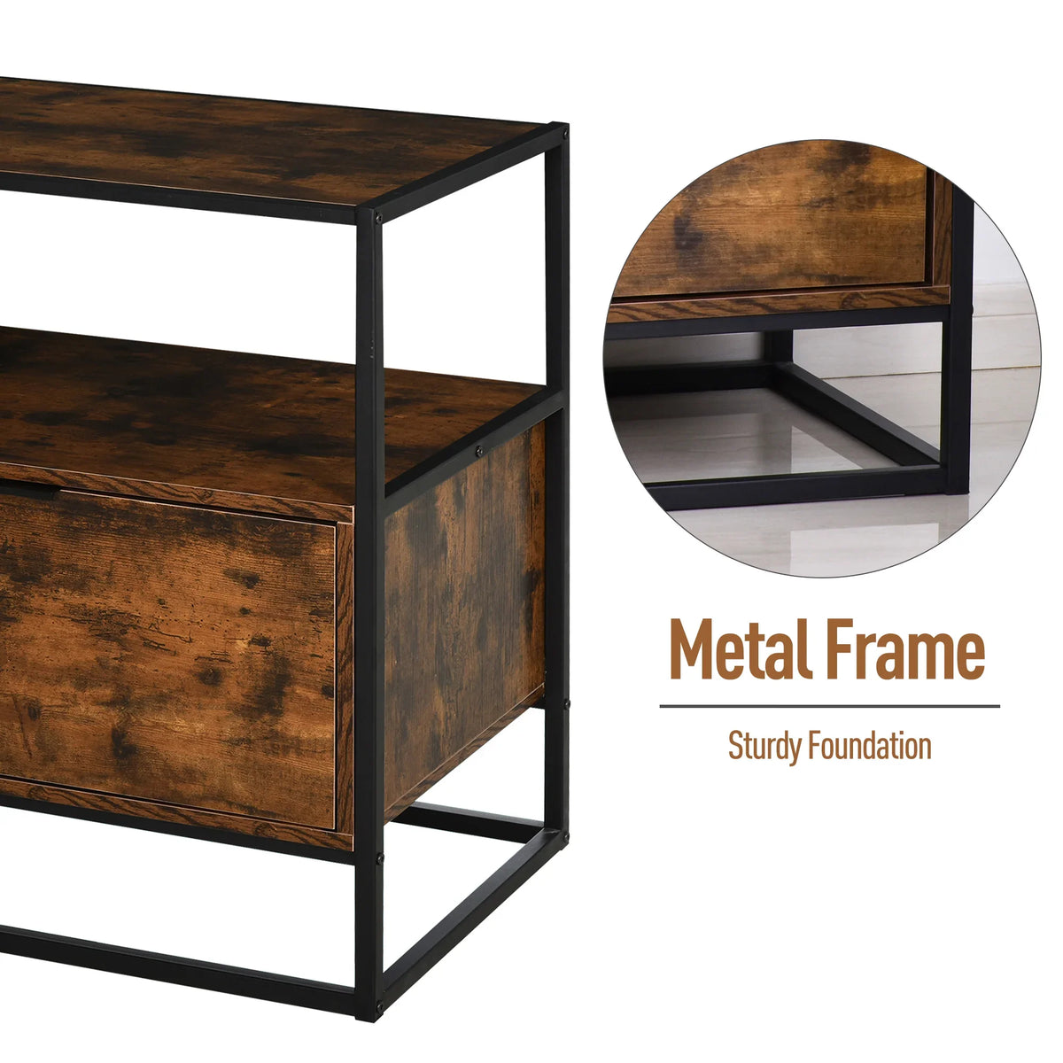 Industrial side table side view with open shelf and drawer, chestnut woodgrain, sturdy black metal base