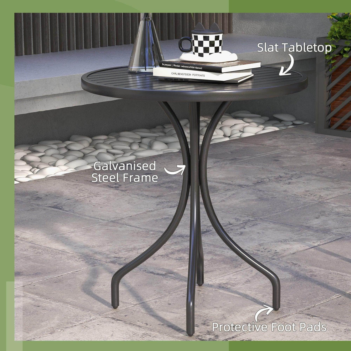 Black round outdoor side table with slat tabletop and protective foot pads