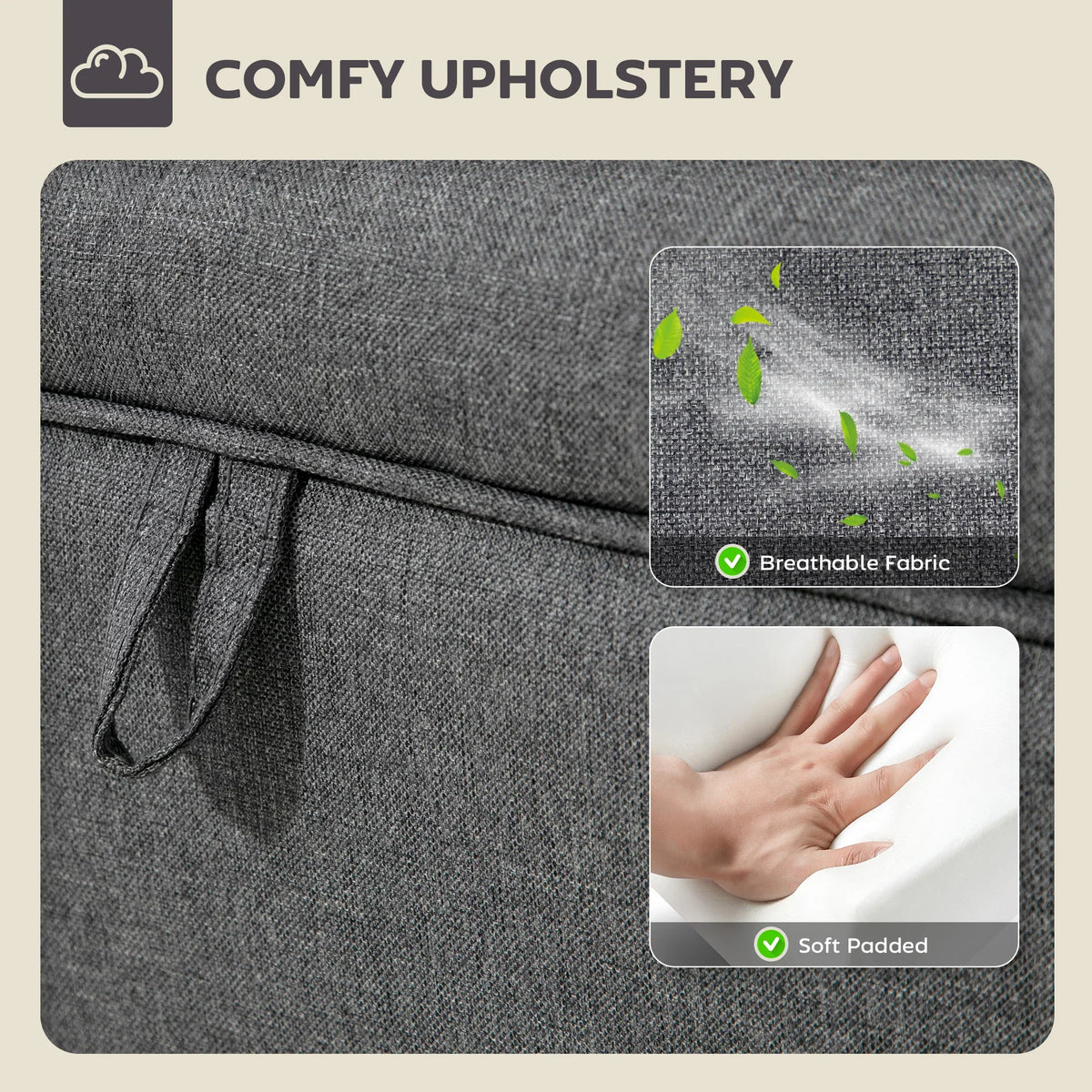 Charcoal grey upholstered ottoman fabric detail with padded seat