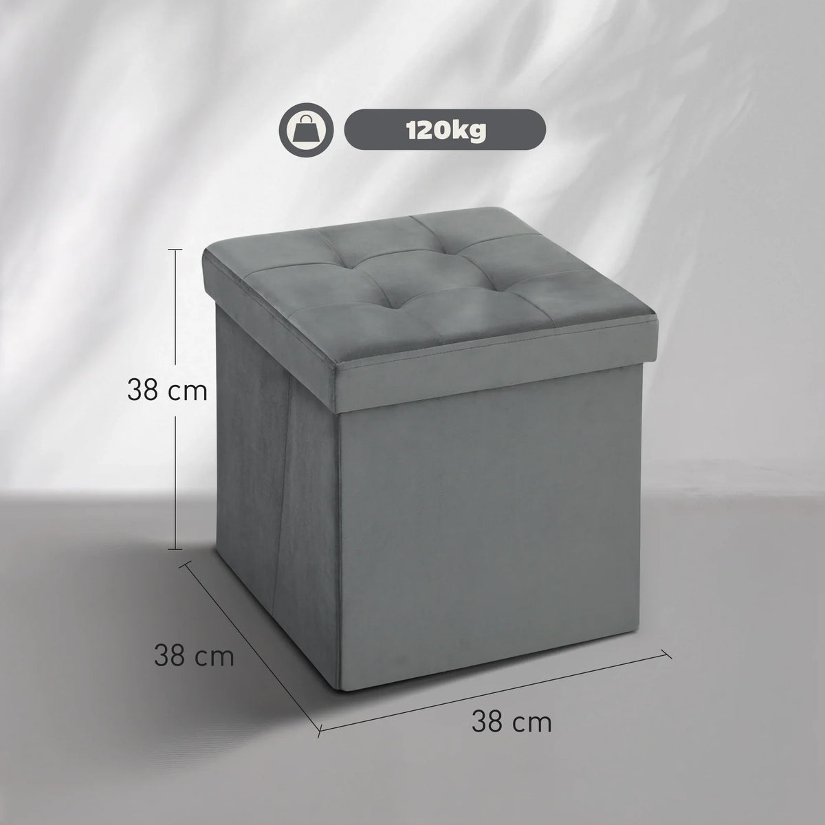 Grey storage ottoman cube with tufted padded lid, 38 cm x 38 cm