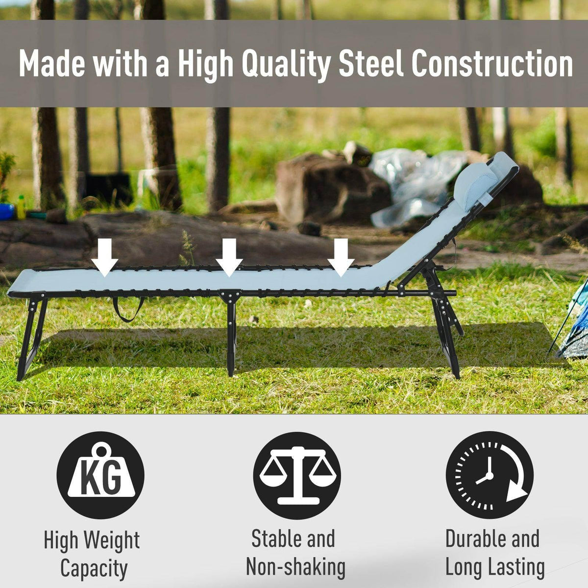 Black steel folding sun lounger with light blue mesh seat and adjustable legs