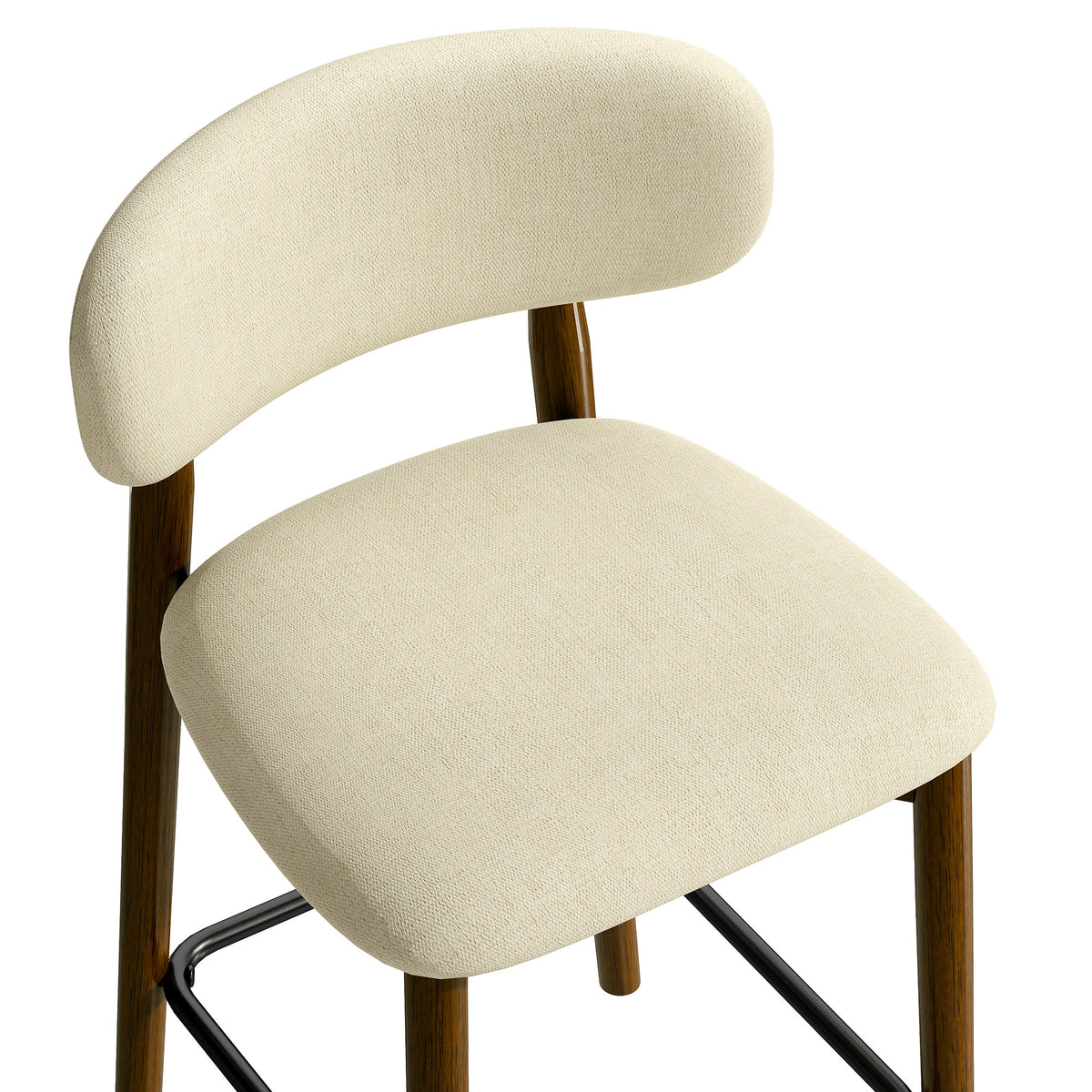 Beige chenille bar stool with rounded seat, curved backrest, and wooden legs