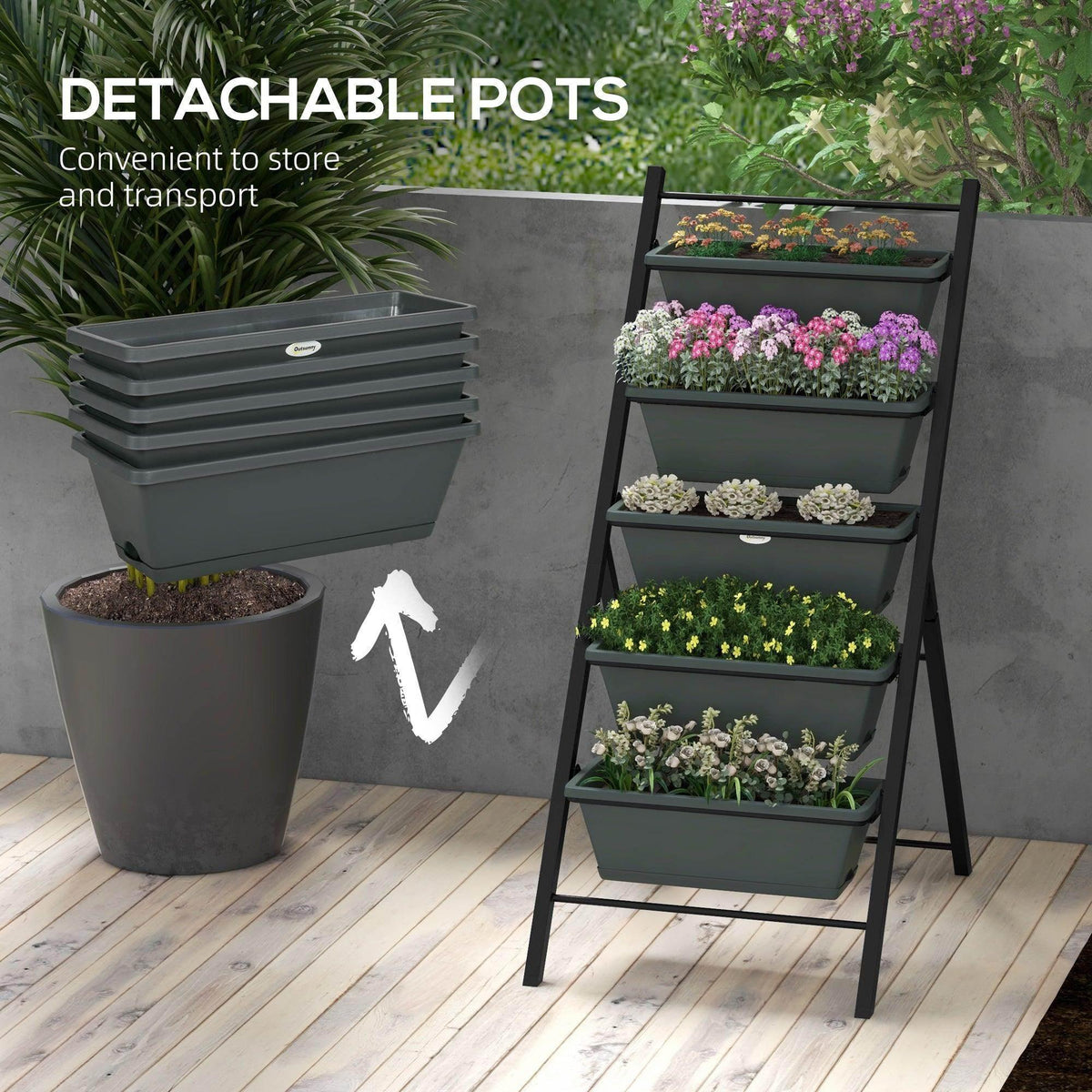 Grey 5-tier raised garden planter stand with five pots and extra detached planters