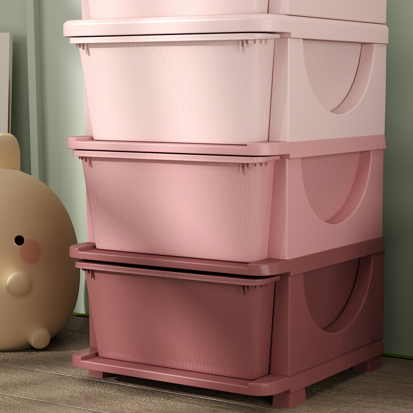 HOMCOM Four Tier Kids Storage Boxes With Four Drawers Pink Durable Plastic Toy Organizer
