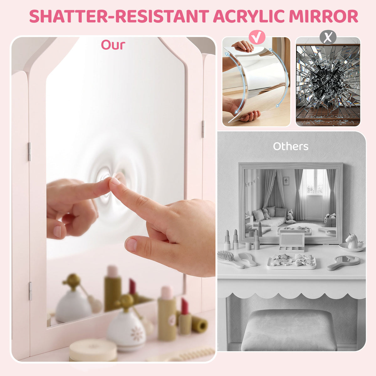 Kids tri-fold vanity mirror with shatter-resistant acrylic, shown in close-up