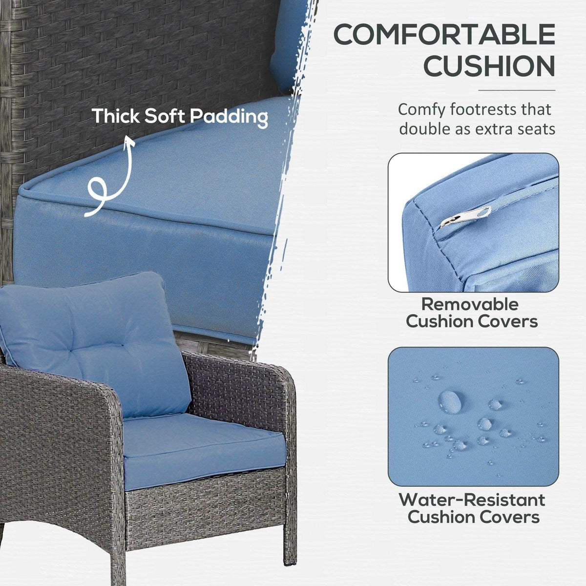 Blue outdoor cushion with thick padding and water-resistant, removable cover on gray frame