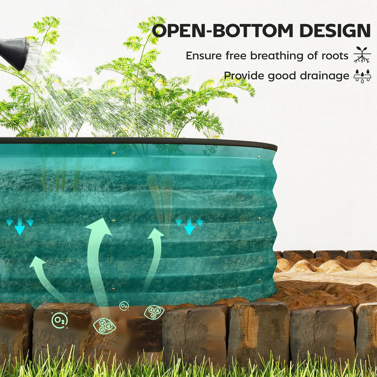 Green raised planter showing open-bottom roots breathing and drainage