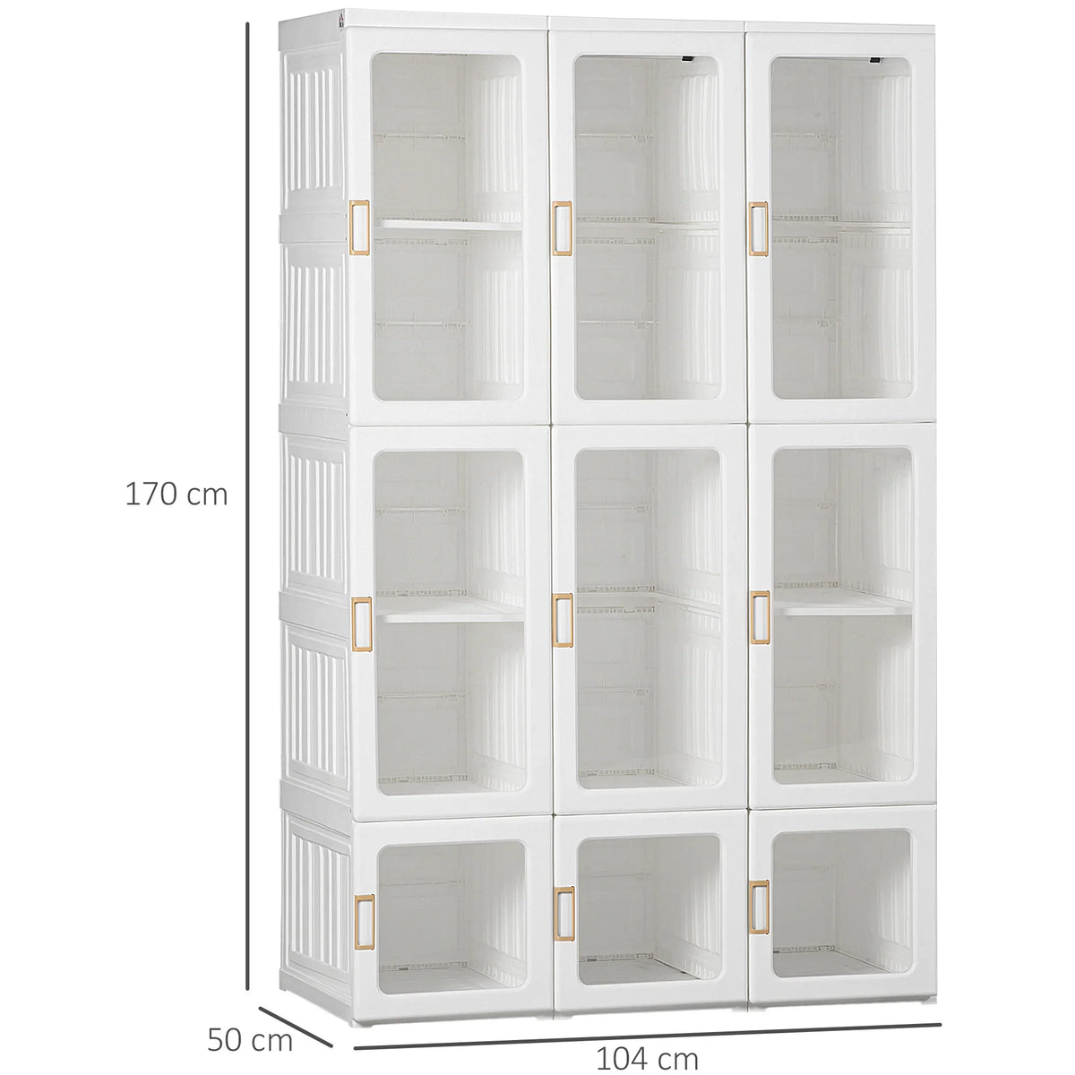 White cube wardrobe with clear front-door shelves, front dimensions view.