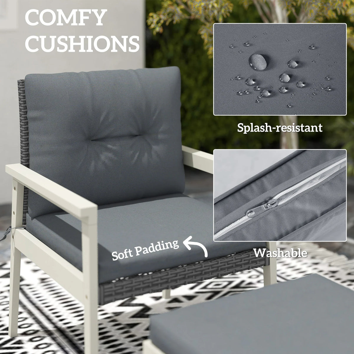 Grey padded rattan seat cushion with splash-resistant, washable fabric cover