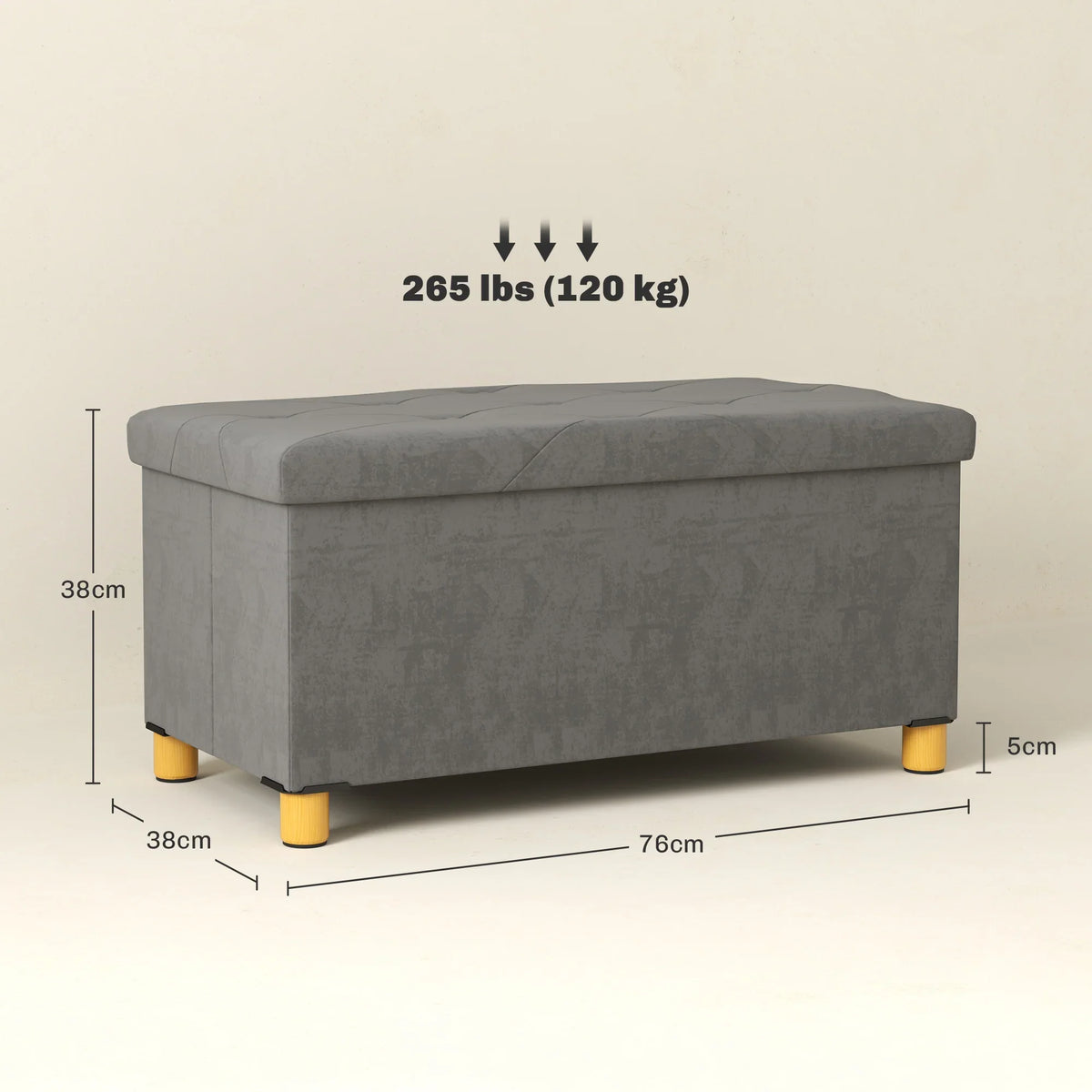 Grey upholstered storage ottoman footrest on wooden legs with size labels