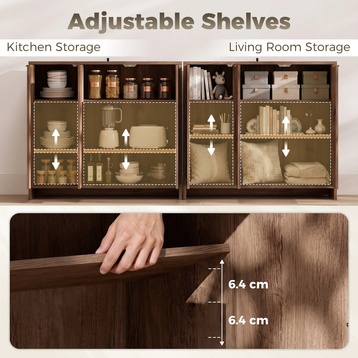 Brown sideboard cabinet interior with adjustable shelves on both sides