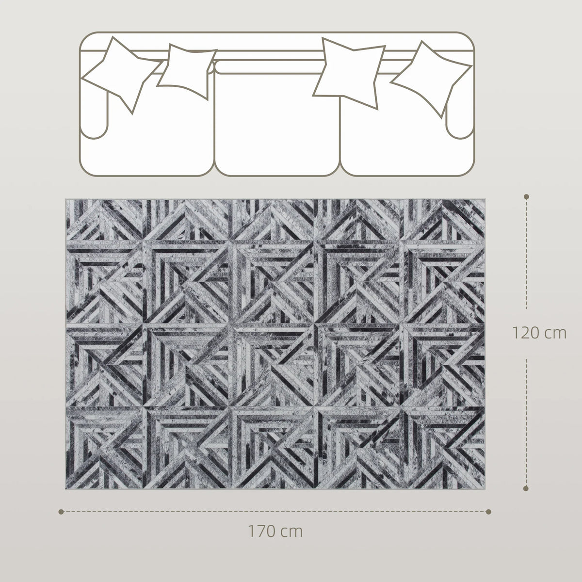 Black and gray geometric triangle rug, rectangular, 170 x 120 cm size