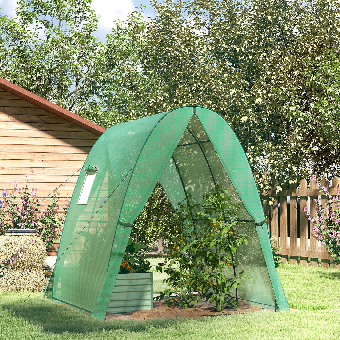 Outsunny Polytunnel Greenhouse 1.8m By 1.8m By 2m Walk In With 2 Doors Screen Windows Sandbag Weights Green