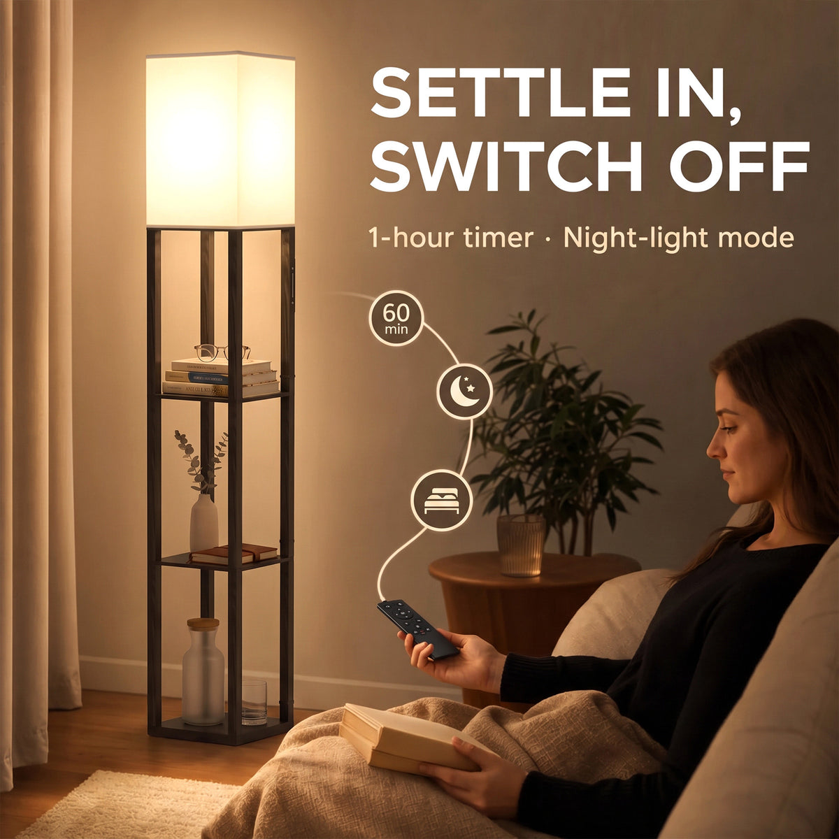 Black floor lamp with shelf display, glowing shade, remote control visible