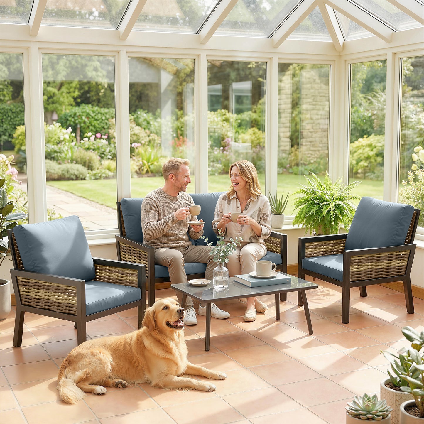 Outsunny 4 Seater Rattan Garden Furniture Set With Two Armchairs Loveseat And Coffee Table Grey Cushions