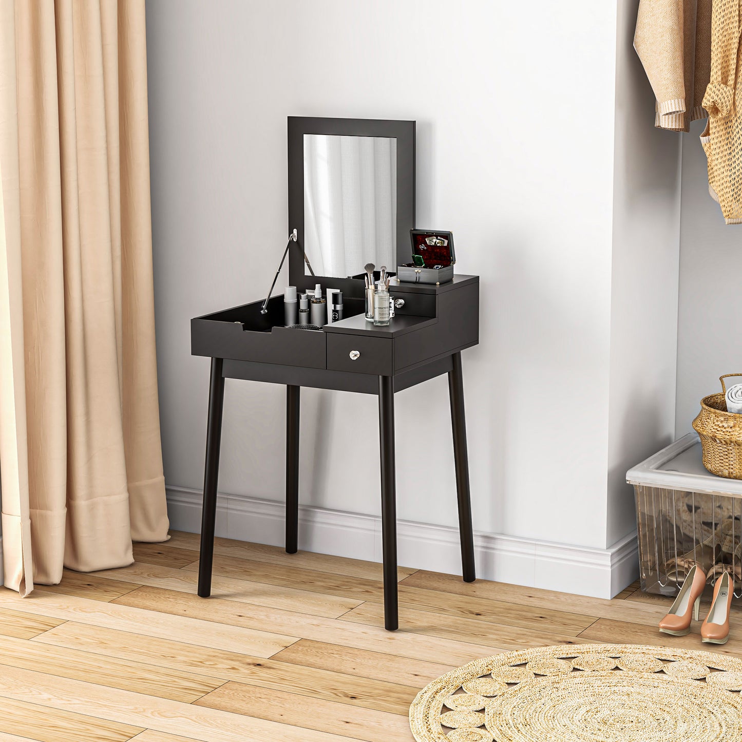 HOMCOM Dressing Table With Flip Up Mirror Two Drawers Pine Wood Legs Vanity Desk For Bedroom And Living Room Black