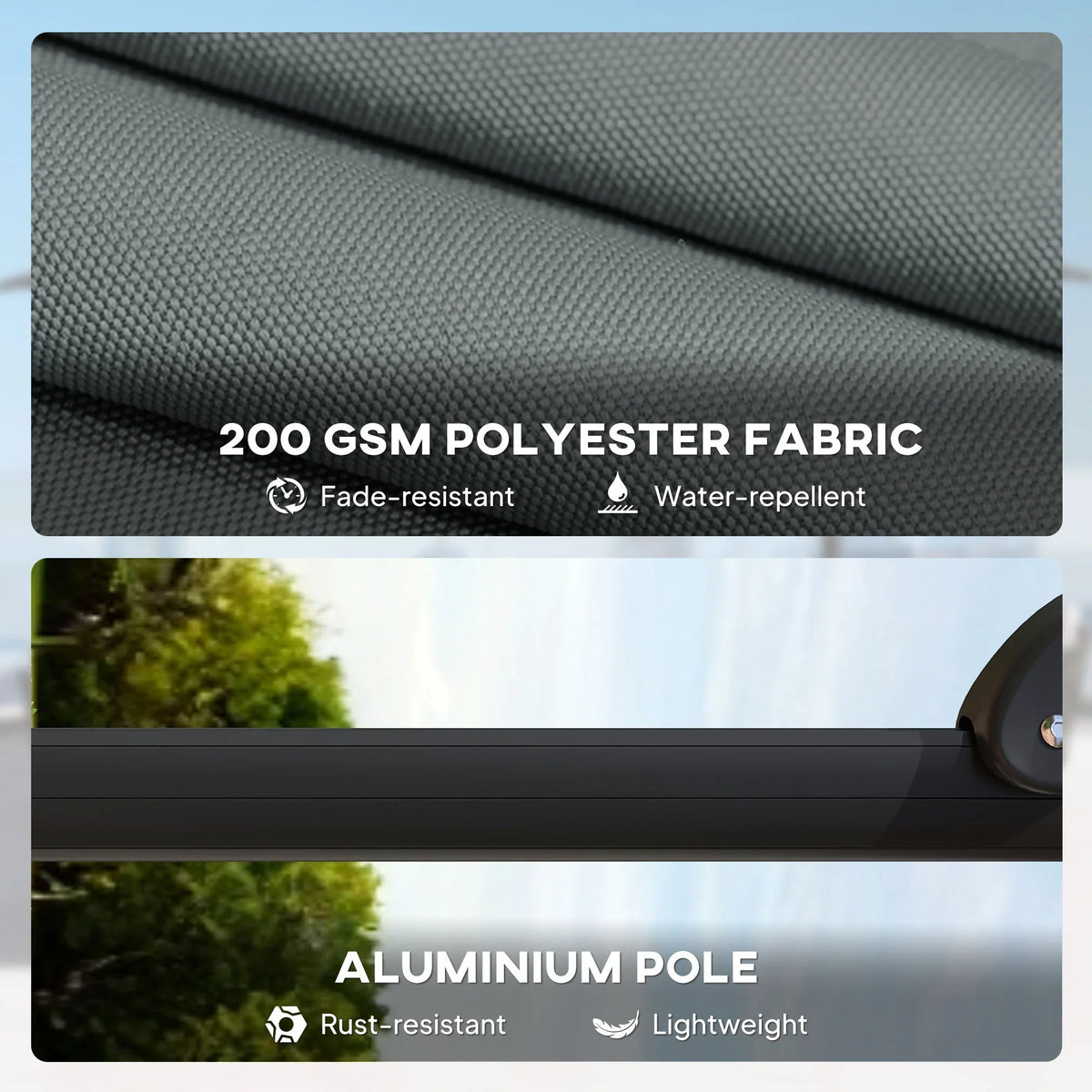 Dark grey polyester parasol fabric close-up: textured weave, water-repellent
