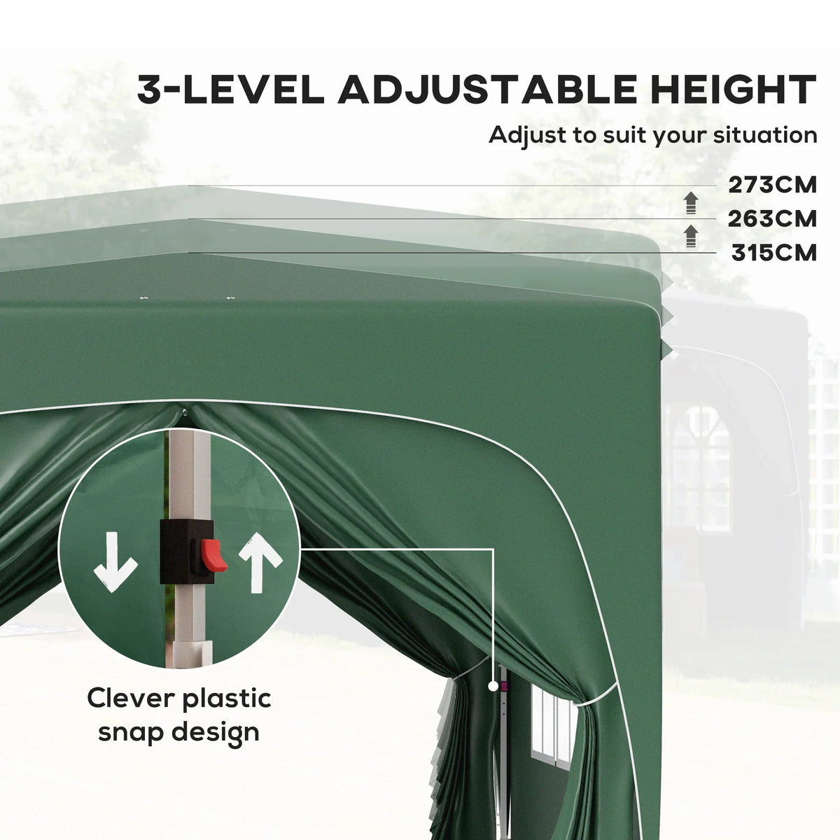 Dark green gazebo support pole with plastic snap connector and adjustable height section