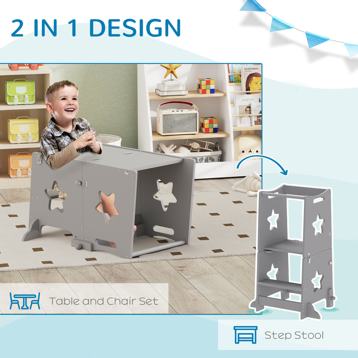 Grey 2-in-1 toddler step stool with safety rail, step platform and star cutout panels