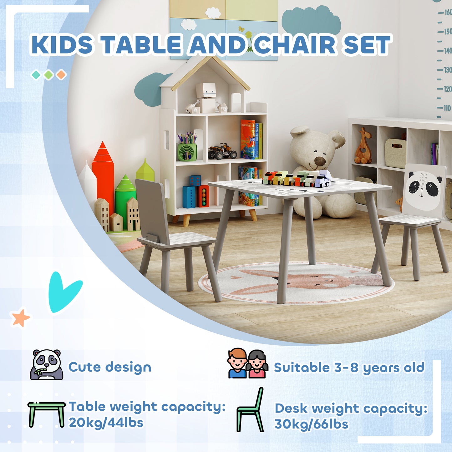 Zonekiz Kids Table And Chairs With Storage Unit And Easel Set, Cute Animal Design Activity Furniture For Ages 3-8 Grey