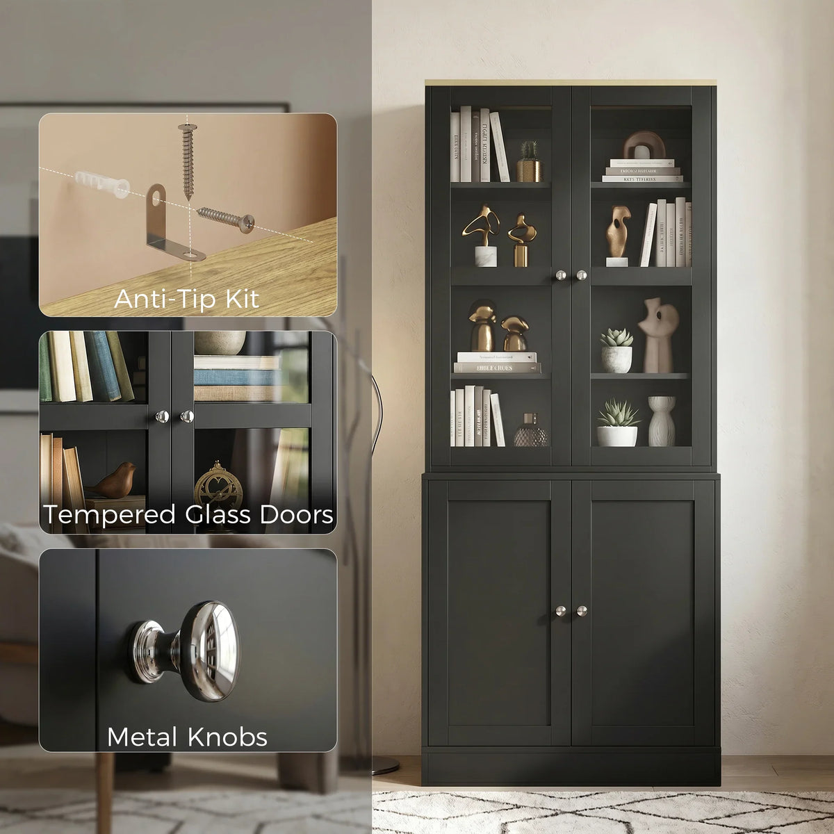 Black bookcase cabinet with tempered glass doors and metal knob handles