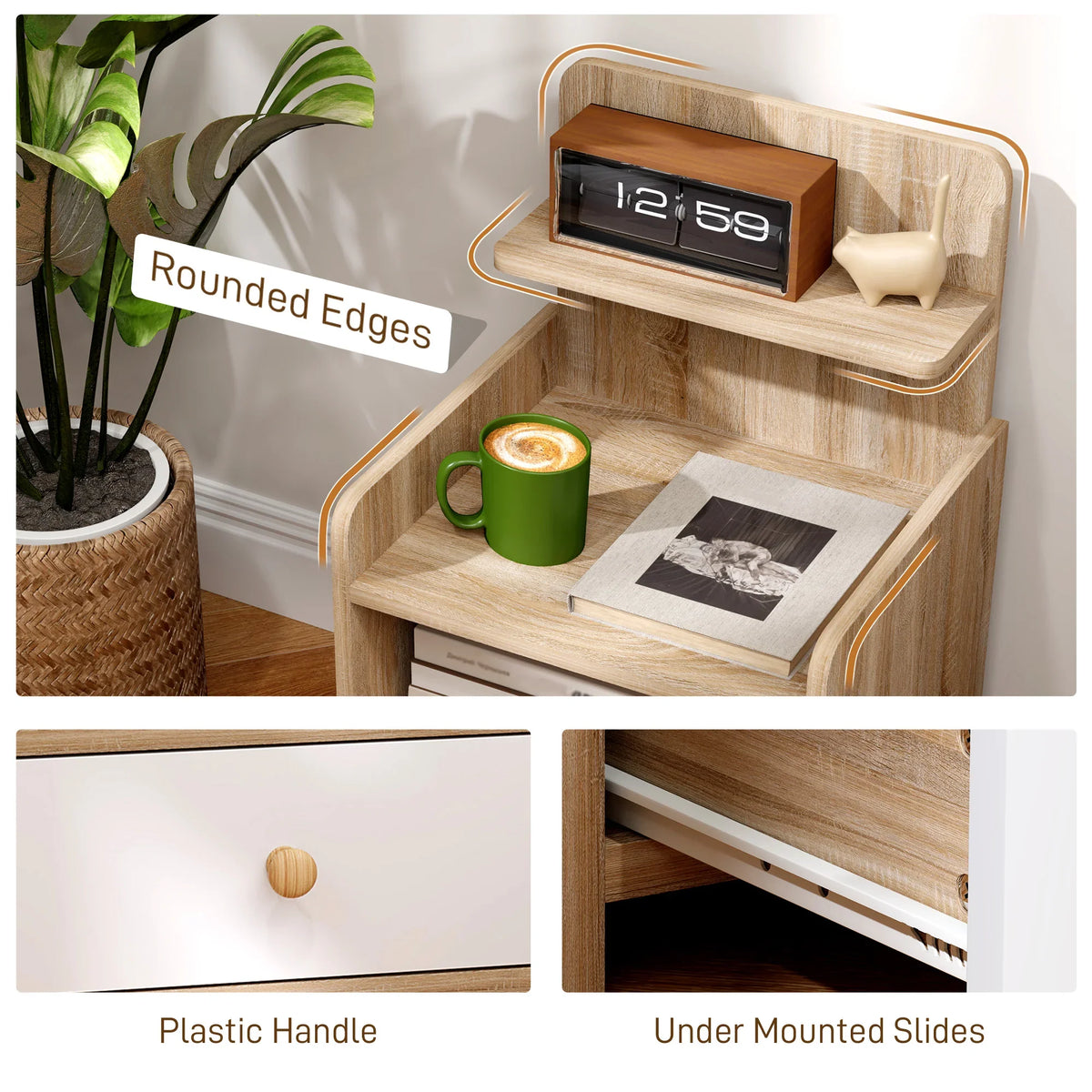 Wood-effect bedside table with rounded edges, top shelf, drawer, and under-mounted slides.