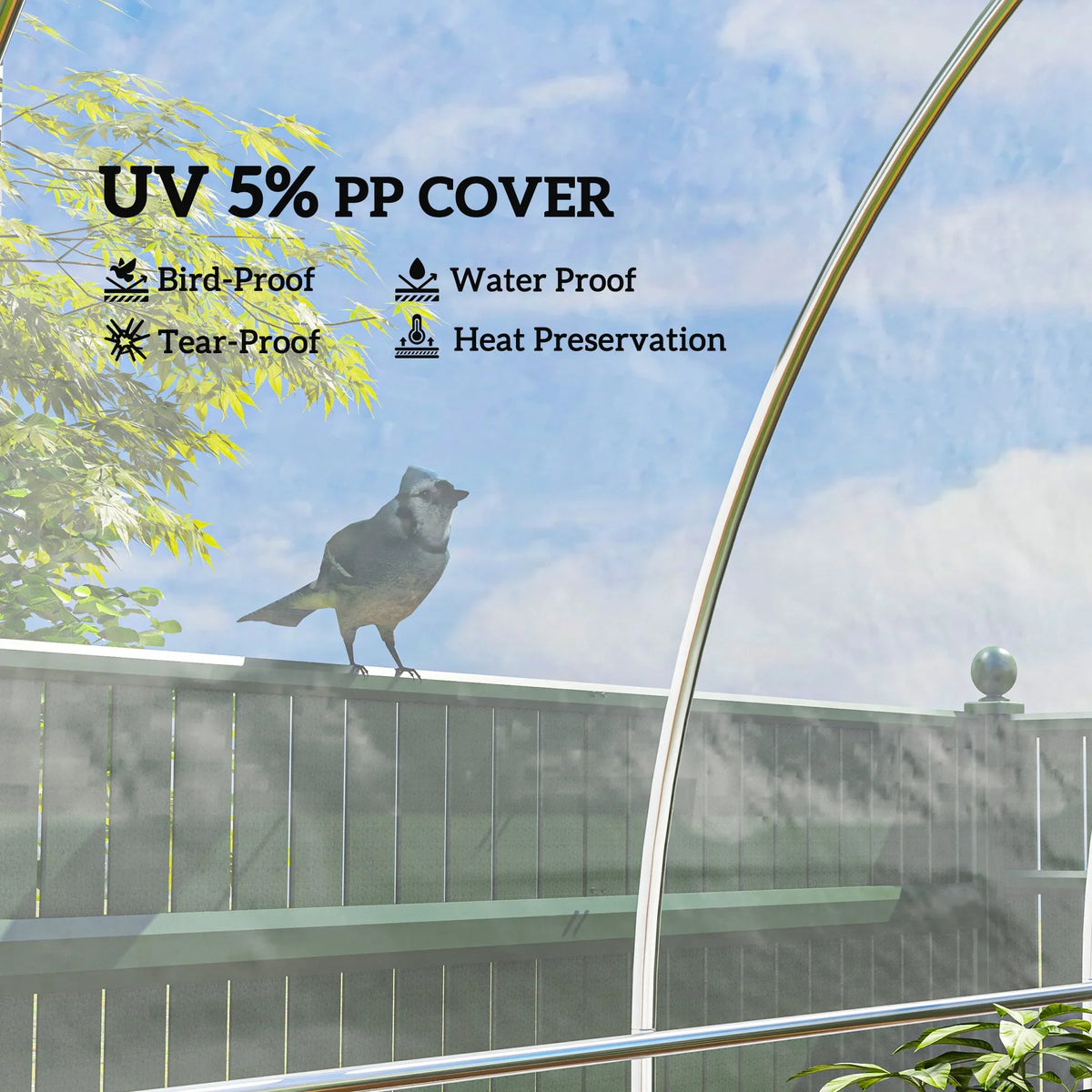 Clear UV-resistant polytunnel cover on arched greenhouse frame