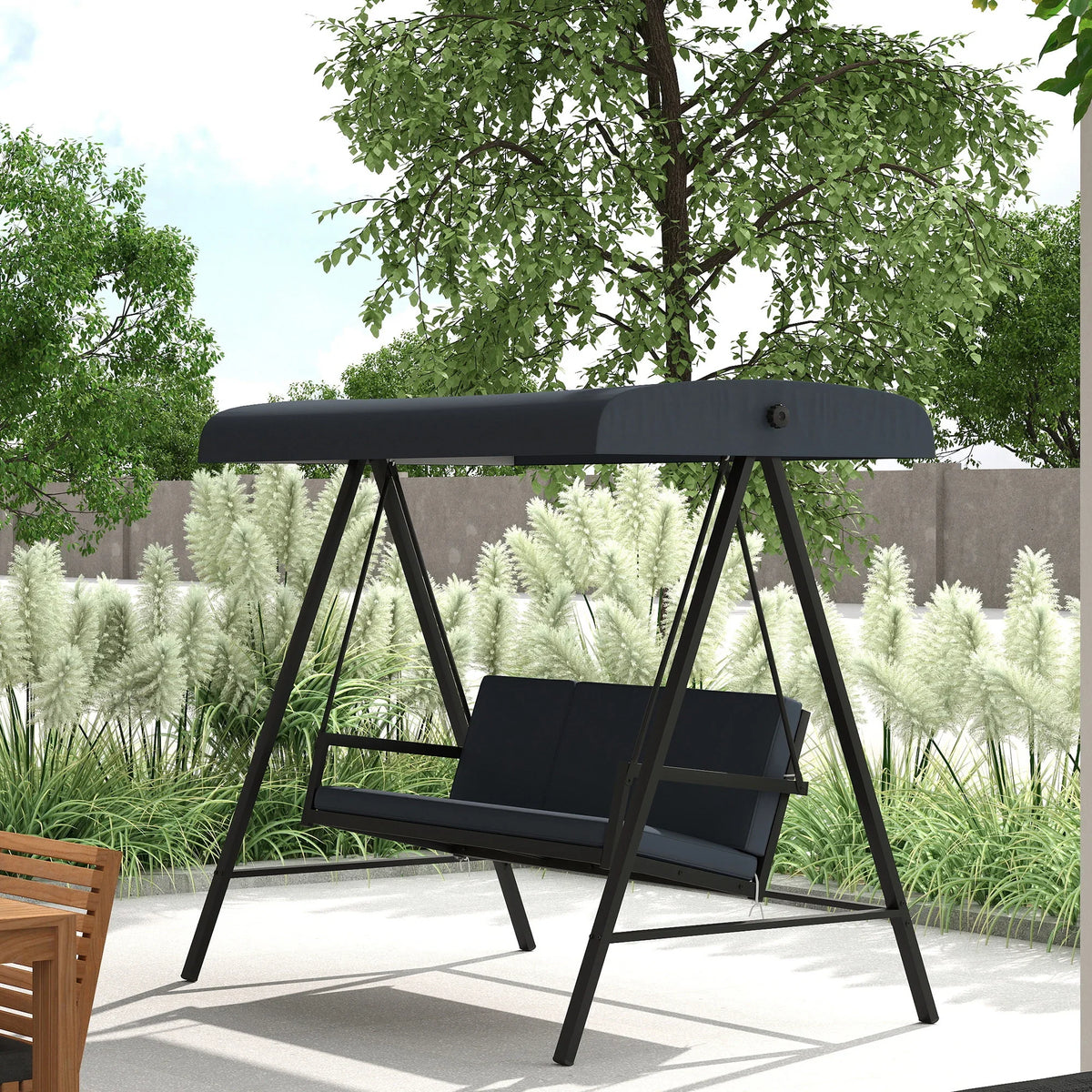 Dark gray three-seat outdoor swing bench with padded cushions and canopy