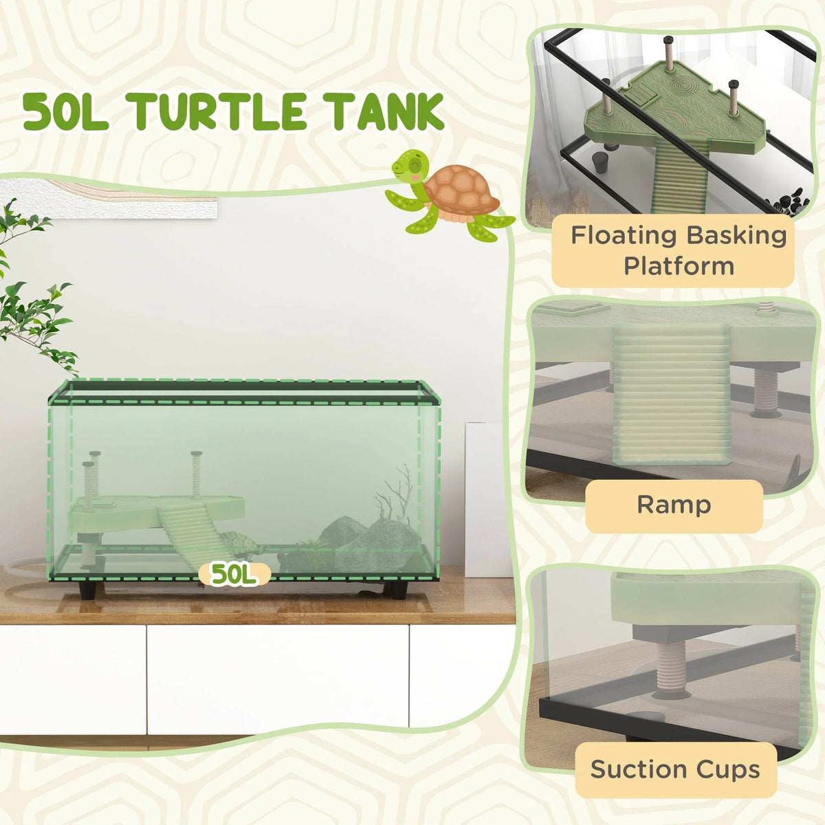 Glass turtle tank with floating basking platform, ramp and suction cups